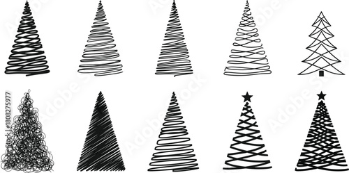 A collection of ten stylized Christmas tree illustrations in black and white, showcasing diverse artistic interpretations and graphic design elements