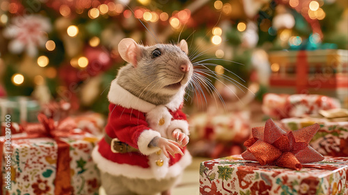 Adorable rat in a Santa outfit surrounded by Christmas presents.