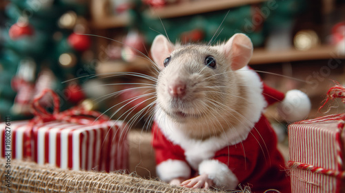 Funny rat dressed as Santa Claus next to striped Christmas gifts.