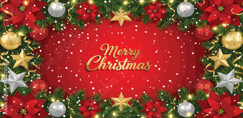 Festive Merry Christmas Greeting Border with Glittering Ornaments and Poinsettias on Red Background