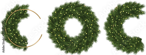 Three festive evergreen wreaths adorned with tiny lights and a gold ring, perfect for holiday decorations and winter celebrations