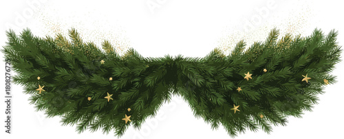 Festive Evergreen Garland Wings Adorned with Golden Stars on White Background - Elegant Holiday Decoration for Seasonal Celebrations and Winter Designs