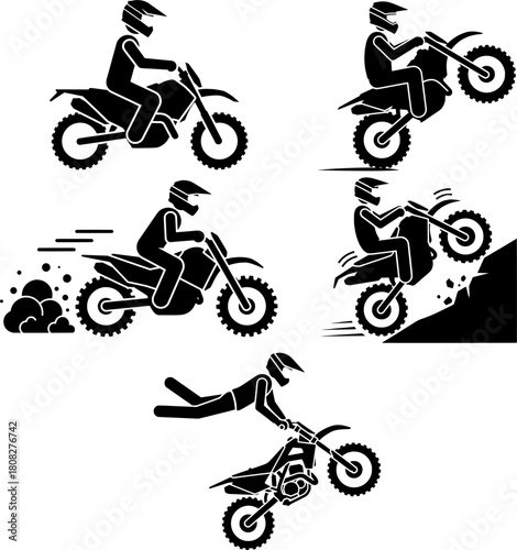 Motocross Dirt Bike Riding Stunts Icon Set