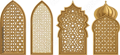 Detailed golden arch windows set, intricate traditional Middle Eastern design for design assets