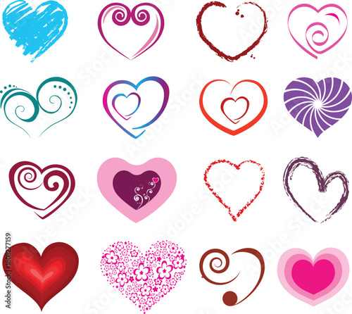 Diverse Collection of Stylized Hearts each with its own artistic flair, ranging from scribbled to swirled, textured to layered perfect for expressing love, romance or affection in  creative ways