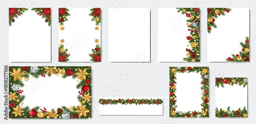 A versatile set of Christmas and holiday frames, borders, and banners decorated with festive fir branches, poinsettias, and ornaments