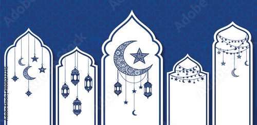 Elegant Islamic festival background with mosque arches, crescent moons, stars, and decorative lanterns. Ideal for Ramadan, Eid al-Fitr, or other Muslim celebrations and greetings