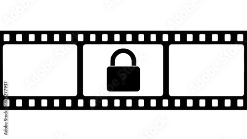 Vector illustration of film strip with padlock icon, secure video, private content, restricted access on transparent background