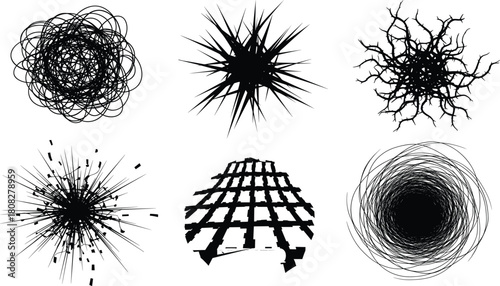 Abstract chaotic scribble and explosion shapes collection featuring dynamic lines, grunge textures, spiky elements and artistic distortion for creative graphic design use