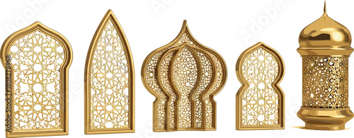 Golden Islamic architectural elements and decorative lantern, intricately adorned with traditional Arabic geometric patterns, ideal for elegant cultural and festive designs