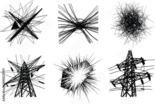 Abstract chaotic line art and high voltage electricity pylons, creative industrial energy illustration combining geometric shapes and power tower silhouettes