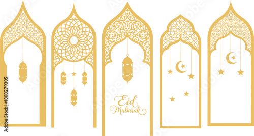 Golden Eid Mubarak Islamic Archways with Hanging Lanterns and Crescent Moons