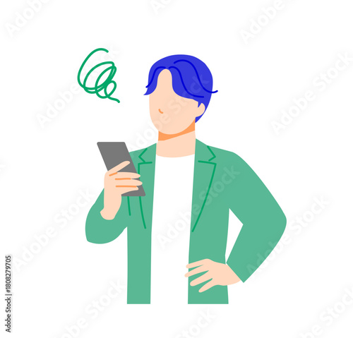 オフィスカジュアルな服装のビジネスマンがスマホを使用し困っているイラスト。フラットデザイン