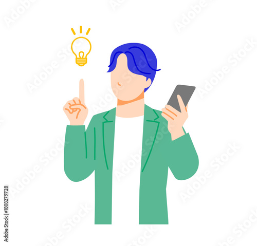 オフィスカジュアルな服装のビジネスマンがスマホを使用し解決しているイラスト。フラットデザイン