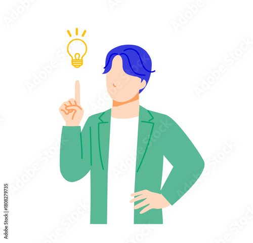 オフィスカジュアルな服装のビジネスマンが解決策を思いつきポジティブなイラスト。フラットデザイン