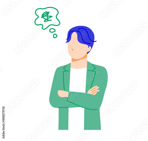 オフィスカジュアルな服装のビジネスマンが困っているイラスト。フラットデザイン
