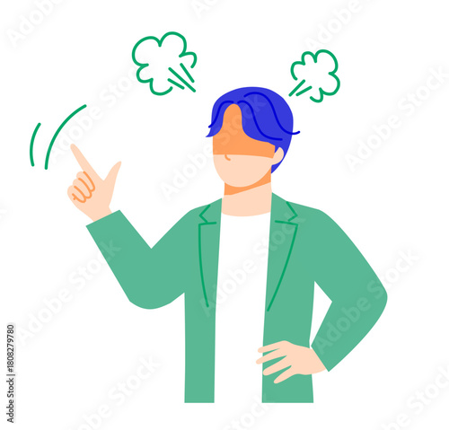 オフィスカジュアルな服装のビジネスマンが怒っている表情のイラスト。フラットデザイン