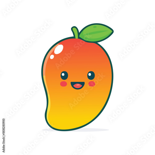 Cute cartoon mango fruit with happy smiling face, isolated on white background