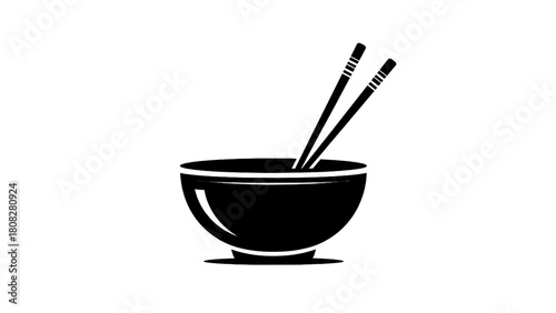 Vector illustration of black silhouette of a bowl with chopsticks, representing asian cuisine and dining culture on transparent background