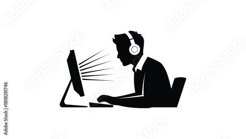 Print Focused Worker Using PC with Headphones, Remote Job Concept Vector illustration