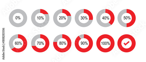 Percentage of infographics in sky blue. Circle load and circle progress collection. Set of circle percentage diagrams for infographics 0 10 20 20 30 40 50 60 60 70 80 90 100 percent in red.