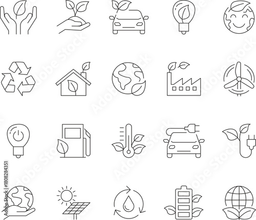 Eco Line Icons Set – Sustainability, Renewable Energy, Recycling, Green Technology, Environmental Conservation