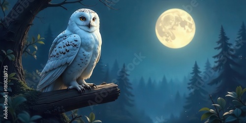 Serene snowy owl perched on a branch under a luminous full moon in a mystical forest at night
