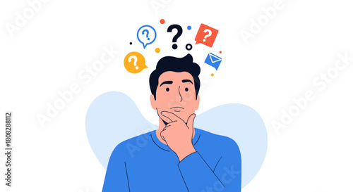 A thoughtful man with question marks and an email icon above his head represents confusion and inquiry.