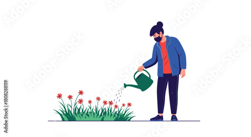 Person wearing a mask waters red flowers in a garden with a green watering can.
