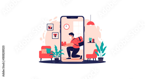 Illustration of a delivery person with a backpack delivering a package to a home via a smartphone screen.