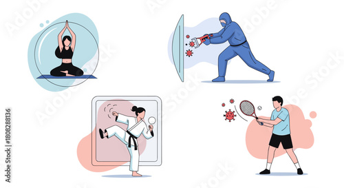 Illustrations depicting health, fitness, and protection against viruses.