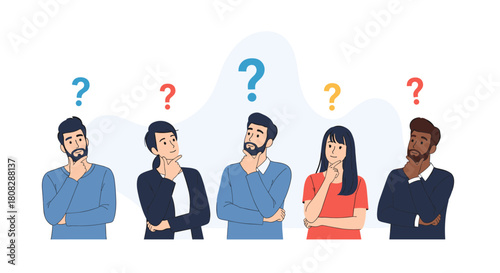 Diverse group of people thinking with question marks above their heads.