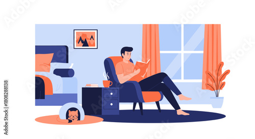 Man relaxing in armchair reading a book next to a window and a bed with a cat sleeping nearby.