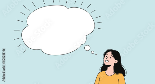 A young woman with black hair gazes upwards towards a blank thought bubble with radiating lines.