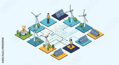 Isometric illustration of a smart grid with renewable energy sources and connected houses.