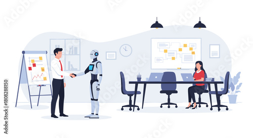 A businessman shakes hands with a humanoid robot in an office setting, symbolizing AI integration.