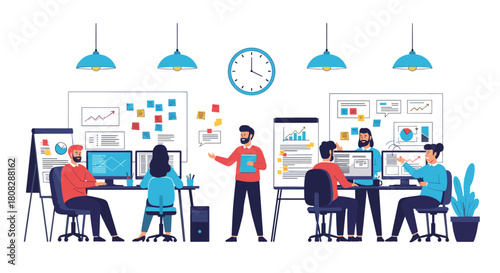 Business team collaborating in a modern office with charts and diagrams on whiteboards.