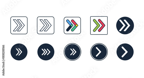 Collection of stylized right-pointing arrow icons in square and circular shapes, some with colorful designs.