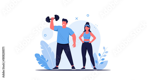 Fit couple exercising together with weights in a modern flat illustration style.