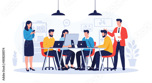 Diverse team collaborating in modern office setting with laptops and computer.