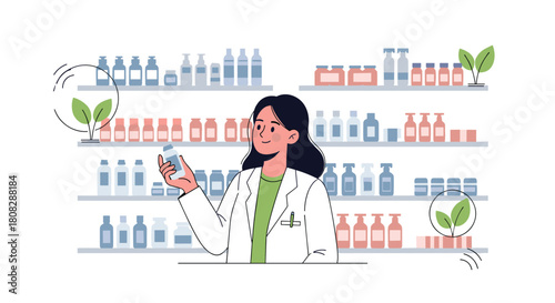 A pharmacist holds a bottle of medication in front of shelves stocked with various pharmaceutical products.