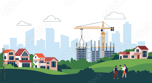 Illustration of residential buildings and a construction site with a crane under a city skyline.