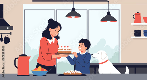 Mother and son presenting a cake together with a dog watching in a cozy kitchen setting.