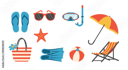 Summer beach essentials including flip-flops, sunglasses, snorkel gear, and a beach chair.