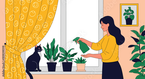Woman watering plants on a windowsill next to a black cat.