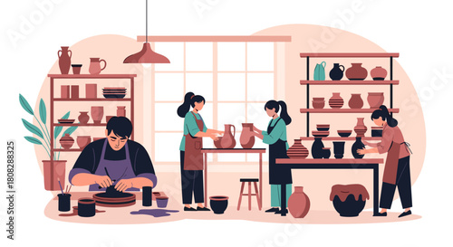 People creating pottery in a studio with shelves of ceramic art and tools.
