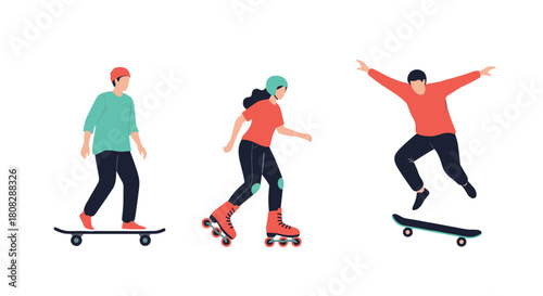 Diverse group of people engaged in various extreme sports activities like skateboarding and rollerblading.