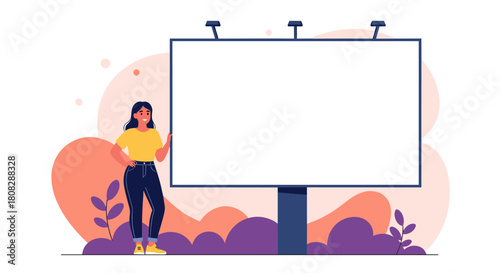 A woman stands next to a large blank billboard, ready to advertise.