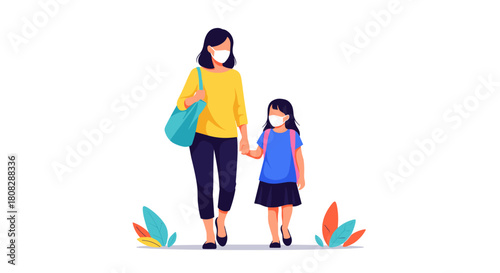 Mother and daughter walking while wearing face masks, symbolizing safety and care.