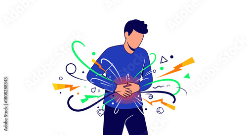 Man holding stomach in pain with colorful abstract shapes and lightning bolts surrounding him.